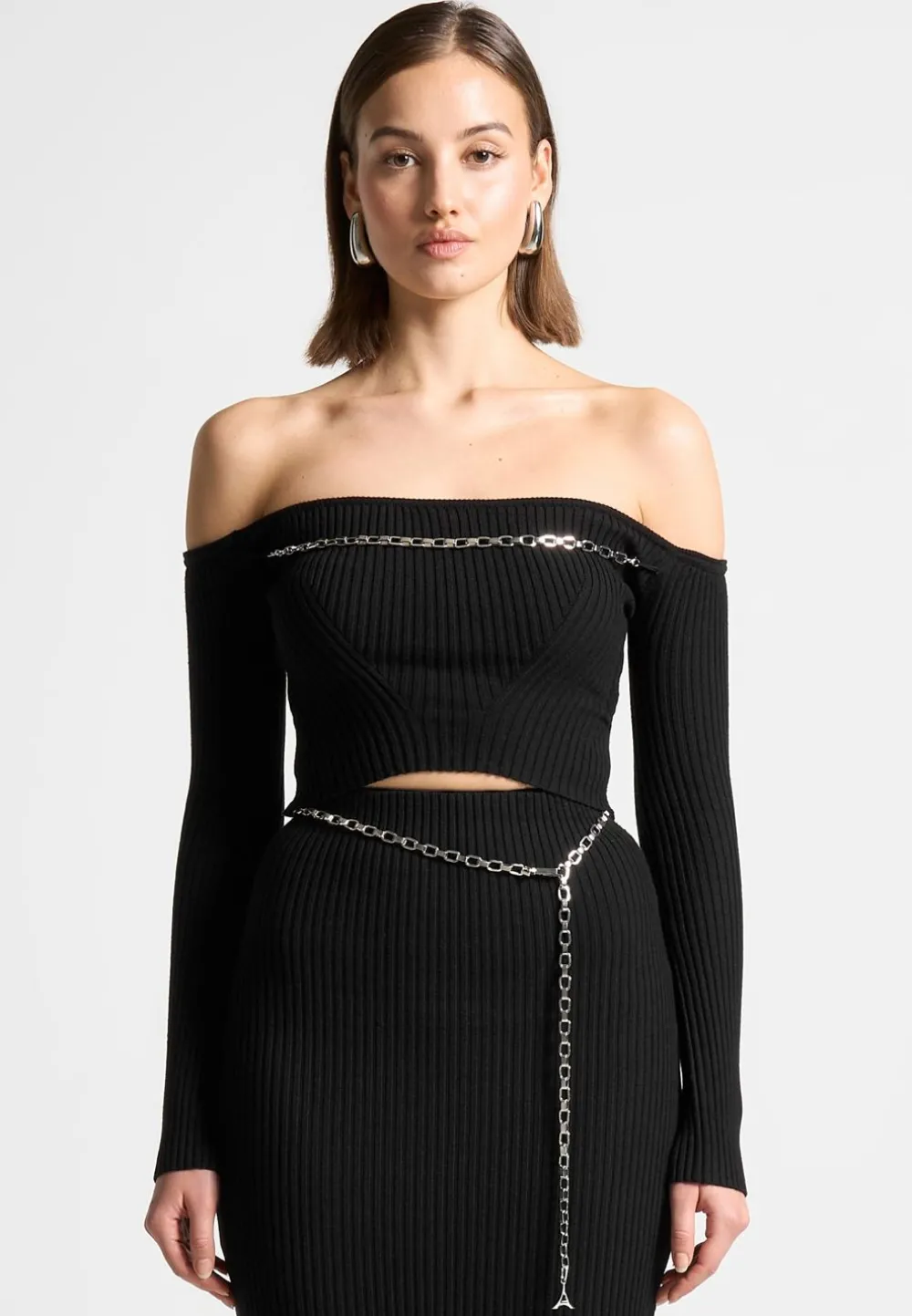 Ribbed Knit Bardot Crop Top With Chain