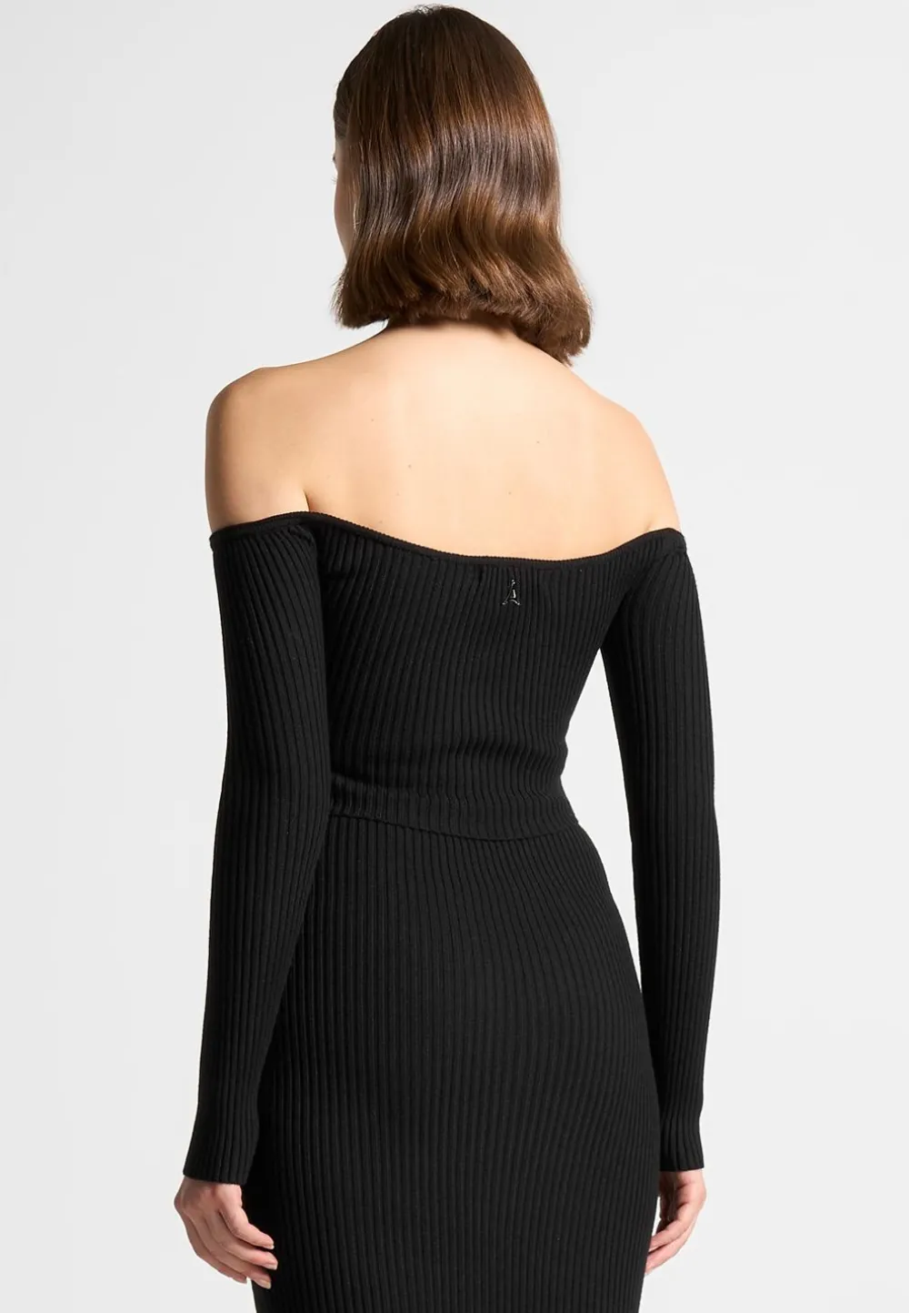 Ribbed Knit Bardot Crop Top With Chain