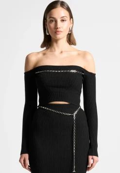 Ribbed Knit Bardot Crop Top With Chain