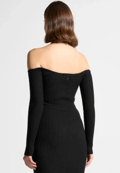 Ribbed Knit Bardot Crop Top With Chain