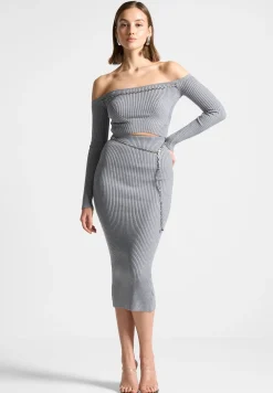 Ribbed Knit Bardot Crop Top With Chain