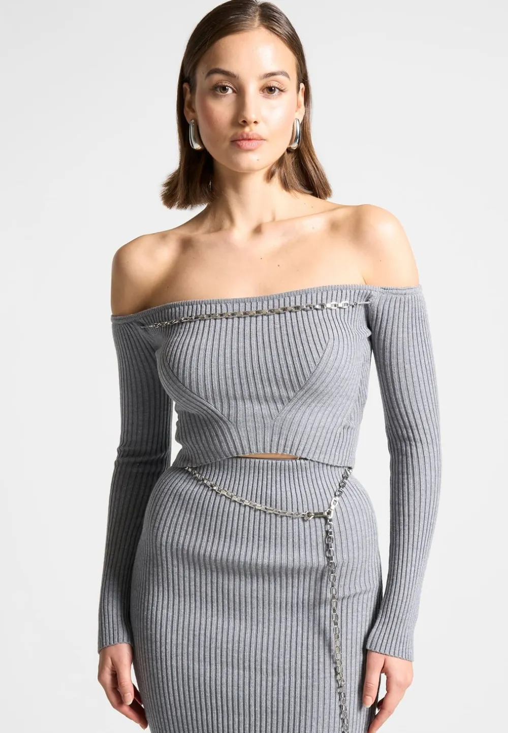 Ribbed Knit Bardot Crop Top With Chain