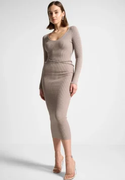 Ribbed Knit Midaxi Dress With Chain Belt