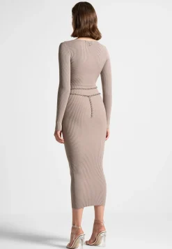 Ribbed Knit Midaxi Dress With Chain Belt