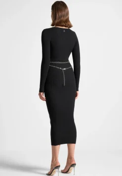 Ribbed Knit Midaxi Dress With Chain Belt