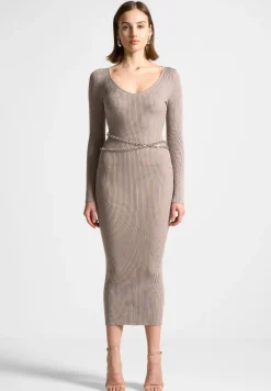 Ribbed Knit Midaxi Dress With Chain Belt