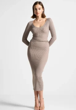 Ribbed Knit Midaxi Dress With Chain Belt
