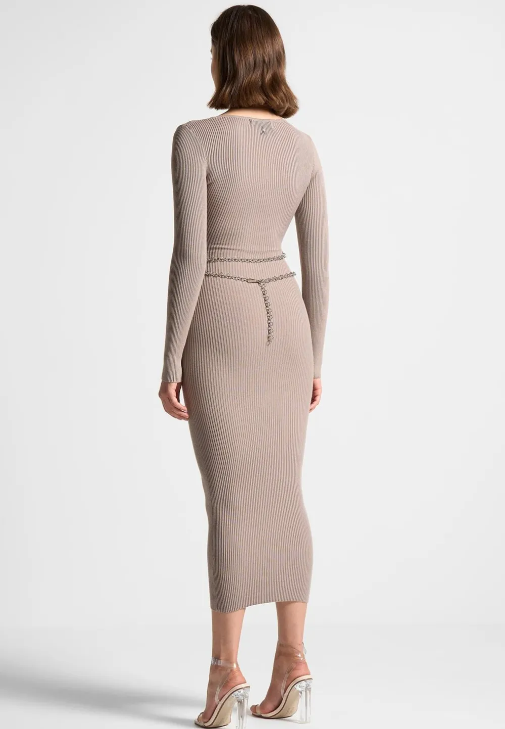 Ribbed Knit Midaxi Dress With Chain Belt