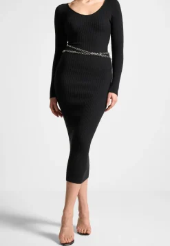 Ribbed Knit Midaxi Dress With Chain Belt