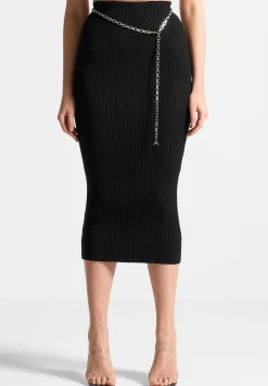 Ribbed Knit Midaxi Skirt With Chain Belt