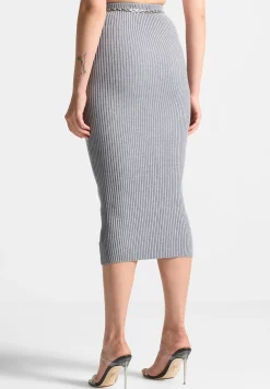 Ribbed Knit Midaxi Skirt With Chain Belt
