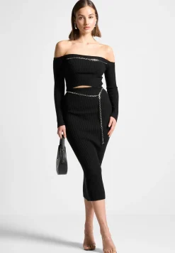 Ribbed Knit Midaxi Skirt With Chain Belt