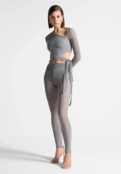 Ribbed Sheer Leggings With Tie