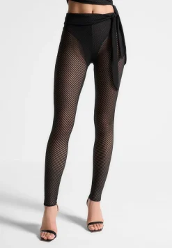 Ribbed Sheer Leggings With Tie