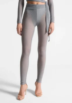 Ribbed Sheer Leggings With Tie