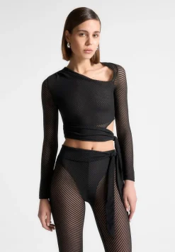 Ribbed Sheer Top With Tie