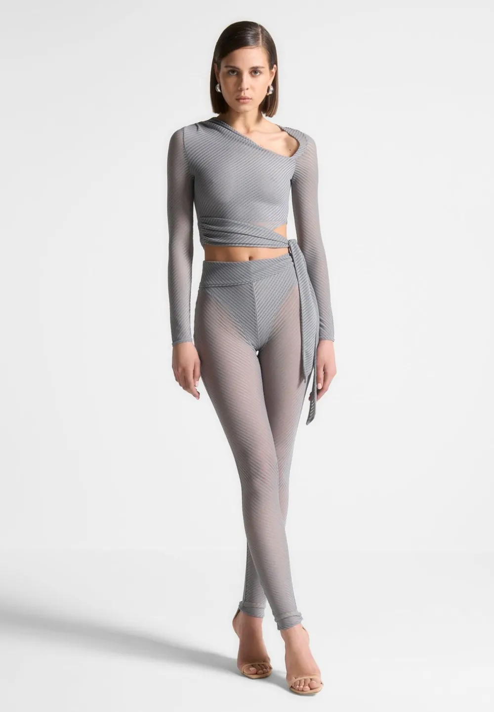 Ribbed Sheer Top With Tie