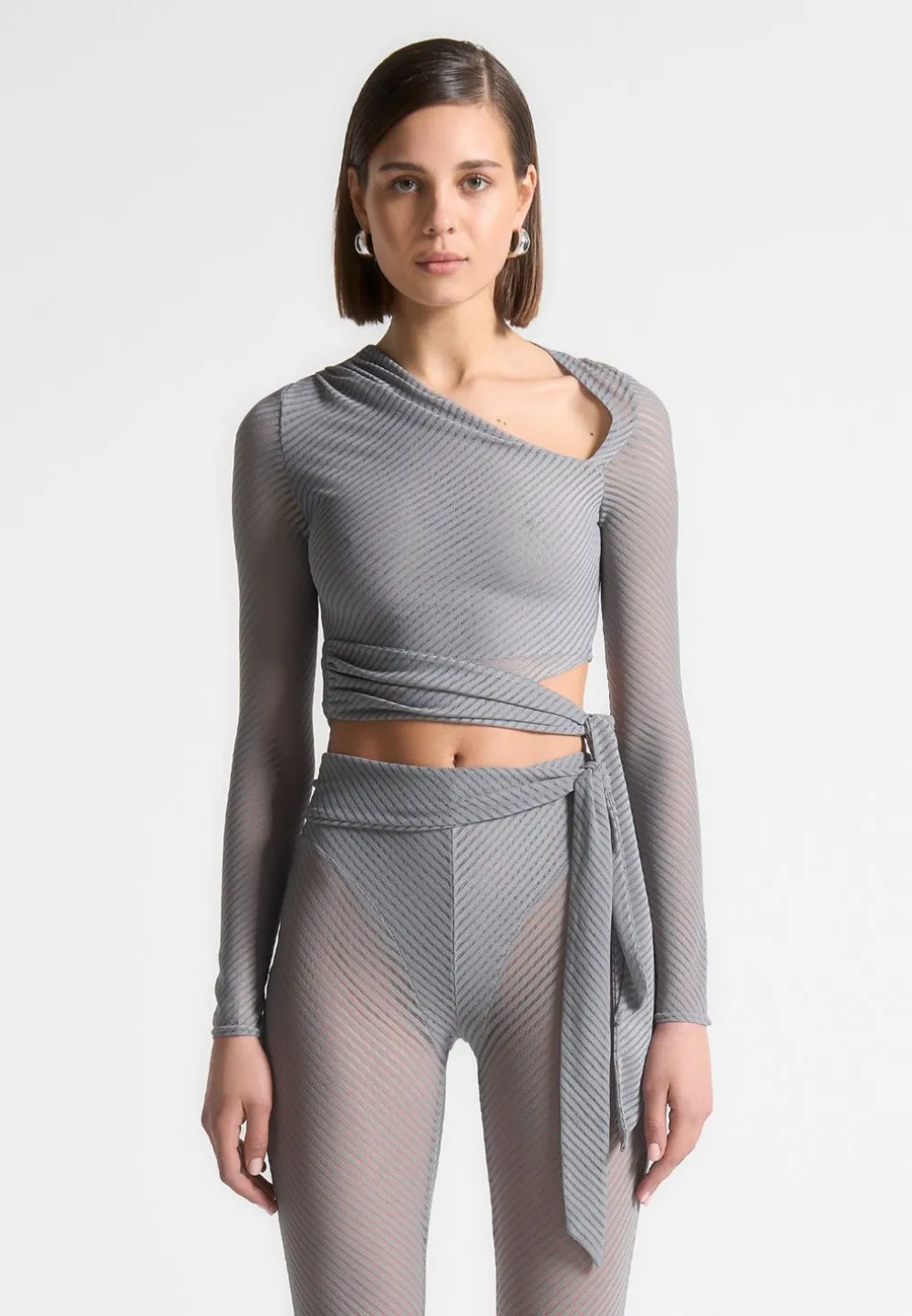 Ribbed Sheer Top With Tie