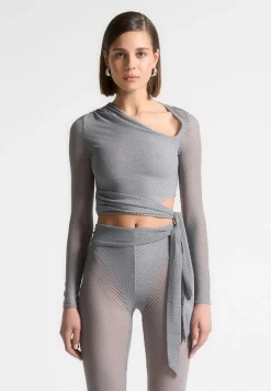 Ribbed Sheer Top With Tie