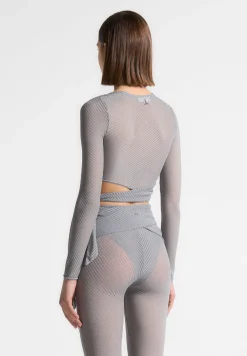 Ribbed Sheer Top With Tie