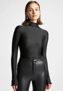 Ruffle Cuff Mock Neck Bodysuit