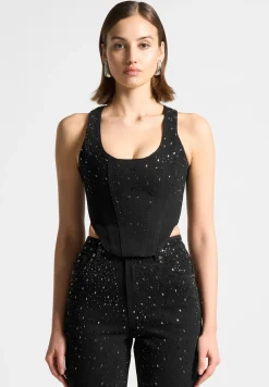 Scattered Rhinestone Denim Corset Top