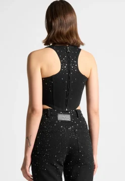 Scattered Rhinestone Denim Corset Top