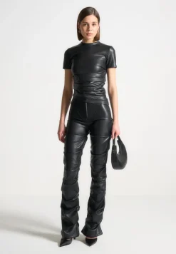 Tacked Vegan Leather Flared Trousers