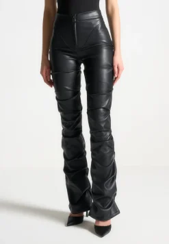 Tacked Vegan Leather Flared Trousers