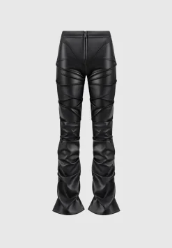 Tacked Vegan Leather Flared Trousers