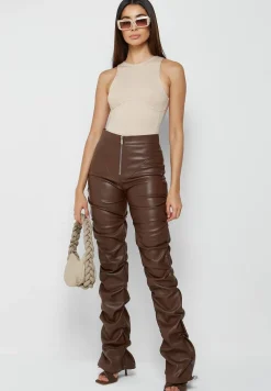 Tacked Vegan Leather Flared Trousers