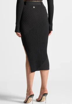 Two-Tone Ribbed Knit Midi Skirt With Belt