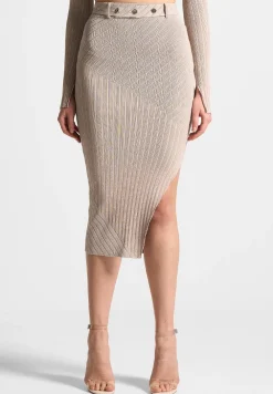 Two-Tone Ribbed Knit Midi Skirt With Belt