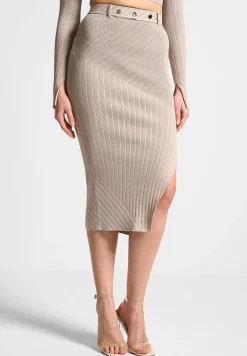 Two-Tone Ribbed Knit Midi Skirt With Belt