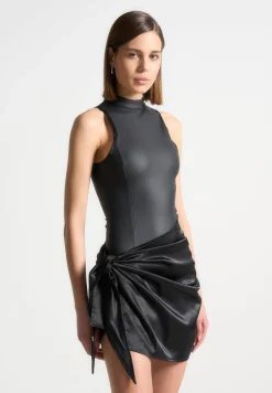 Vegan Leather & Satin Wrap Bodycon Dress