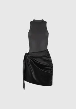 Vegan Leather & Satin Wrap Bodycon Dress