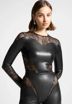 Vegan Leather And Lace Contour Bodysuit