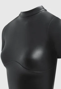 Vegan Leather Bodysuit With Mesh Gloves