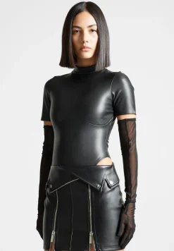Vegan Leather Bodysuit With Mesh Gloves