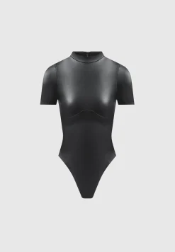 Vegan Leather Bodysuit With Mesh Gloves