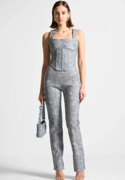 Vegan Leather Denim Effect Straight Leg Trousers