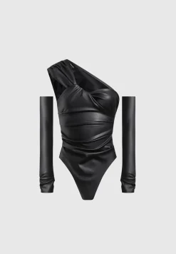 Vegan Leather Gathered Bodysuit With Sleeves