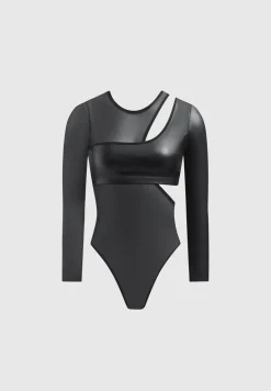 Vegan Leather Overlay Mesh Bodysuit