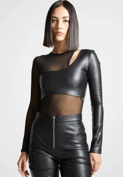 Vegan Leather Overlay Mesh Bodysuit