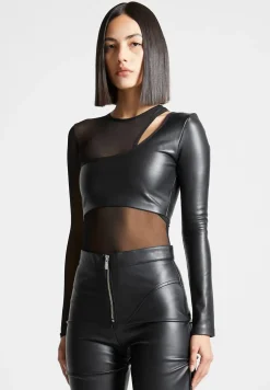 Vegan Leather Overlay Mesh Bodysuit