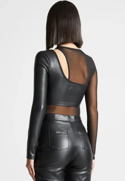 Vegan Leather Overlay Mesh Bodysuit