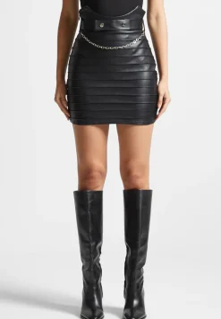 Vegan Leather Pintuck Chain Mini Skirt
