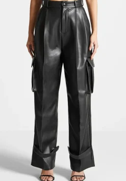 Vegan Leather Pleated Cargo Trousers