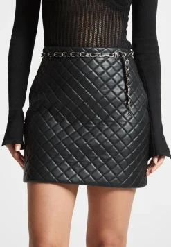 Vegan Leather Quilted Mini Skirt With Chain