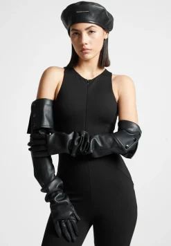 Vegan Leather Ruched Long Gloves